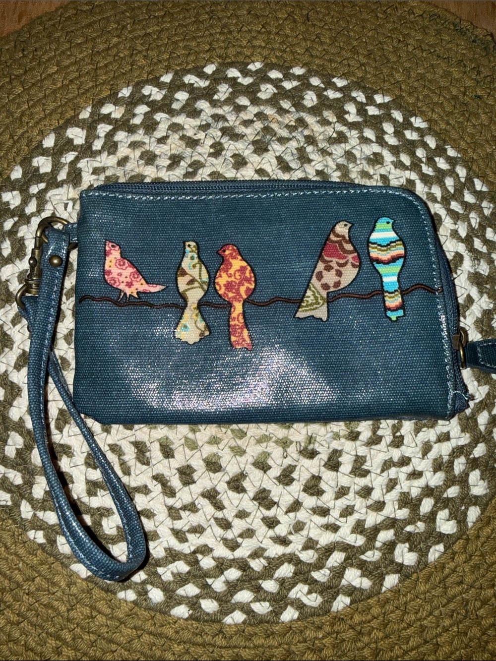 Mariposa Birds on a Wire Blue Canvas Wristlet Wallet Pouch